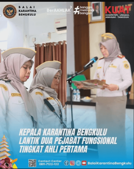 Kepala Karantina Bengkulu Lantik Dua Pejabat Fungsional Tingkat Ahli Pertama