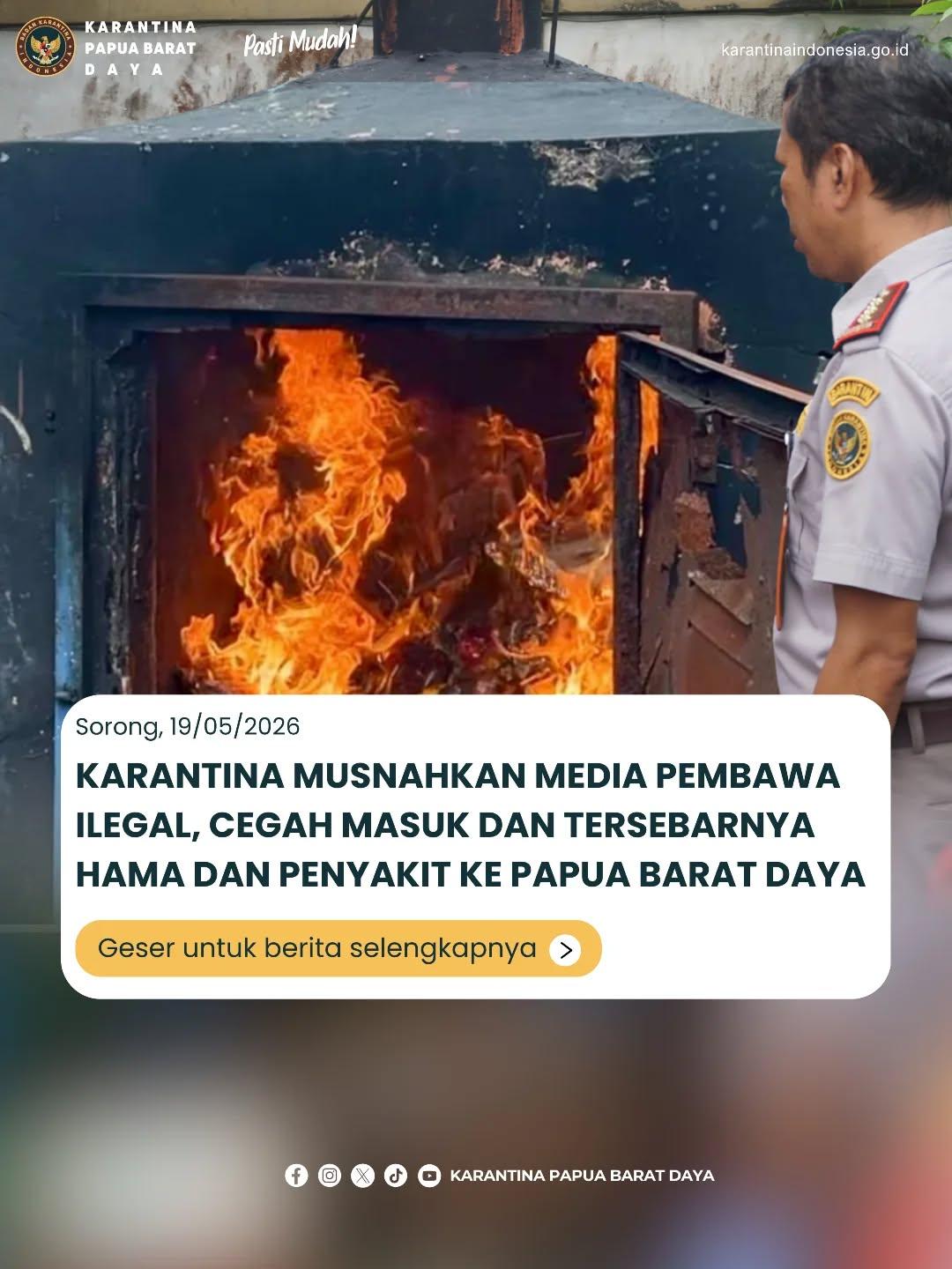 KARANTINA MUSNAHKAN MEDIA PEMBAWA ILEGAL, CEGAH MASUK DAN TERSEBARNYA HAMA DAN PENYAKIT KE PAPUA BARAT DAYA