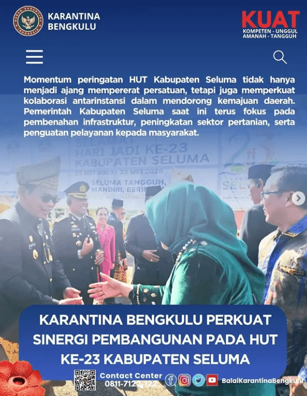 Karantina Bengkulu Perkuat Sinergi Pembangunan pada HUT ke-23 Kabupaten Seluma