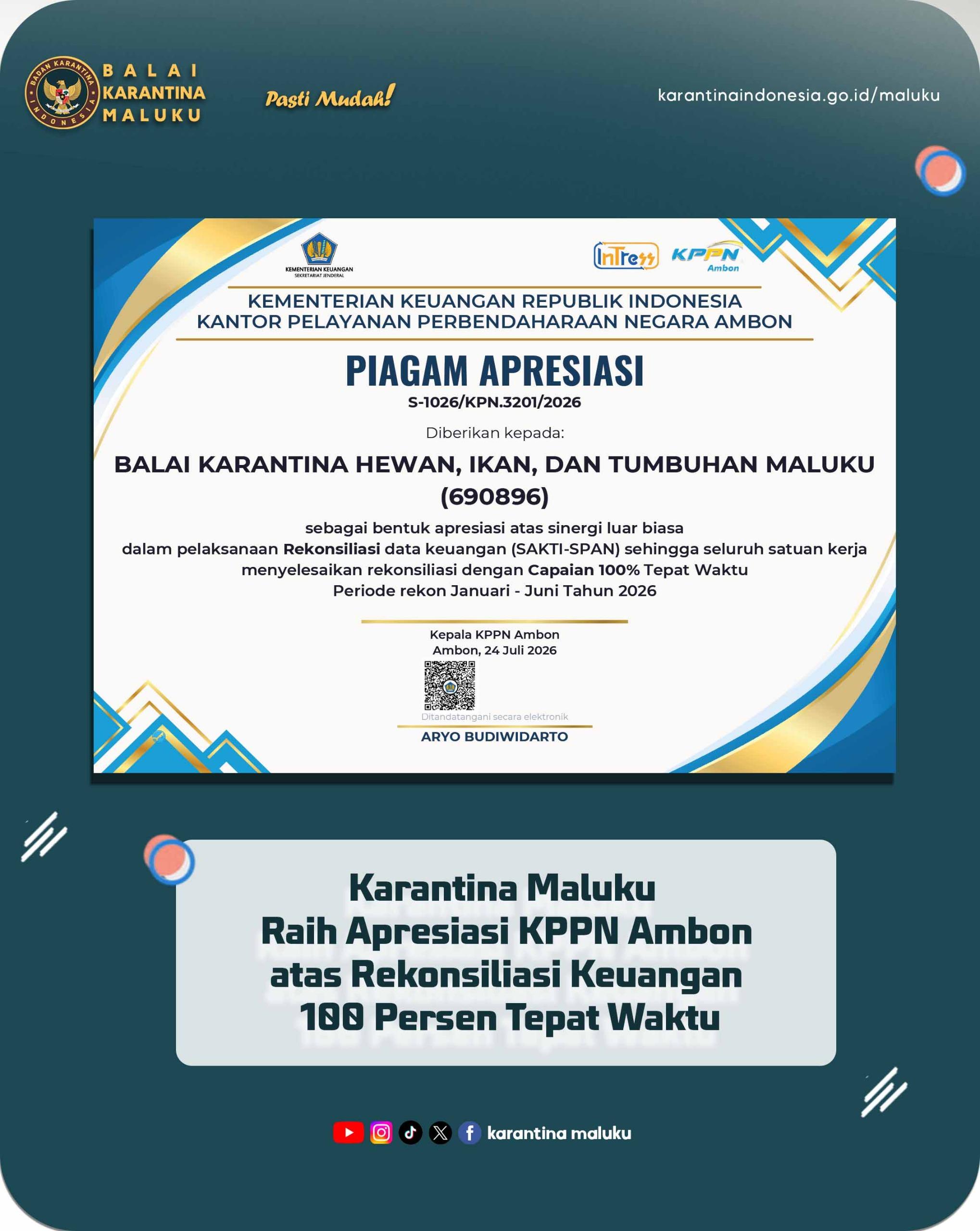 Karantina Maluku Raih Apresiasi KPPN Ambon atas Rekonsiliasi Keuangan 100 Persen Tepat Waktu