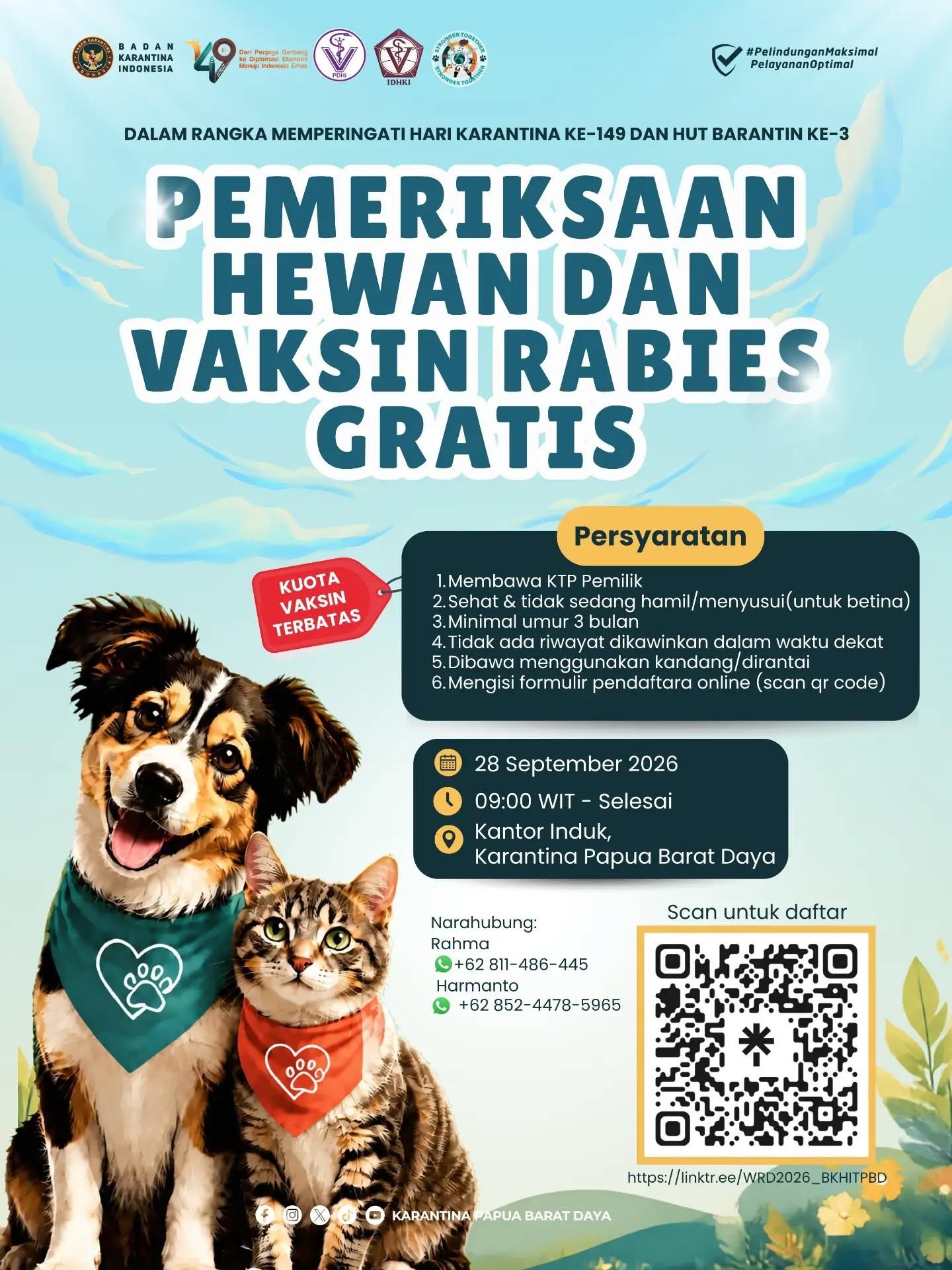 Karantina Papua Barat Daya mengadakan Pemeriksaan Hewan & Vaksin Rabies GRATIS!