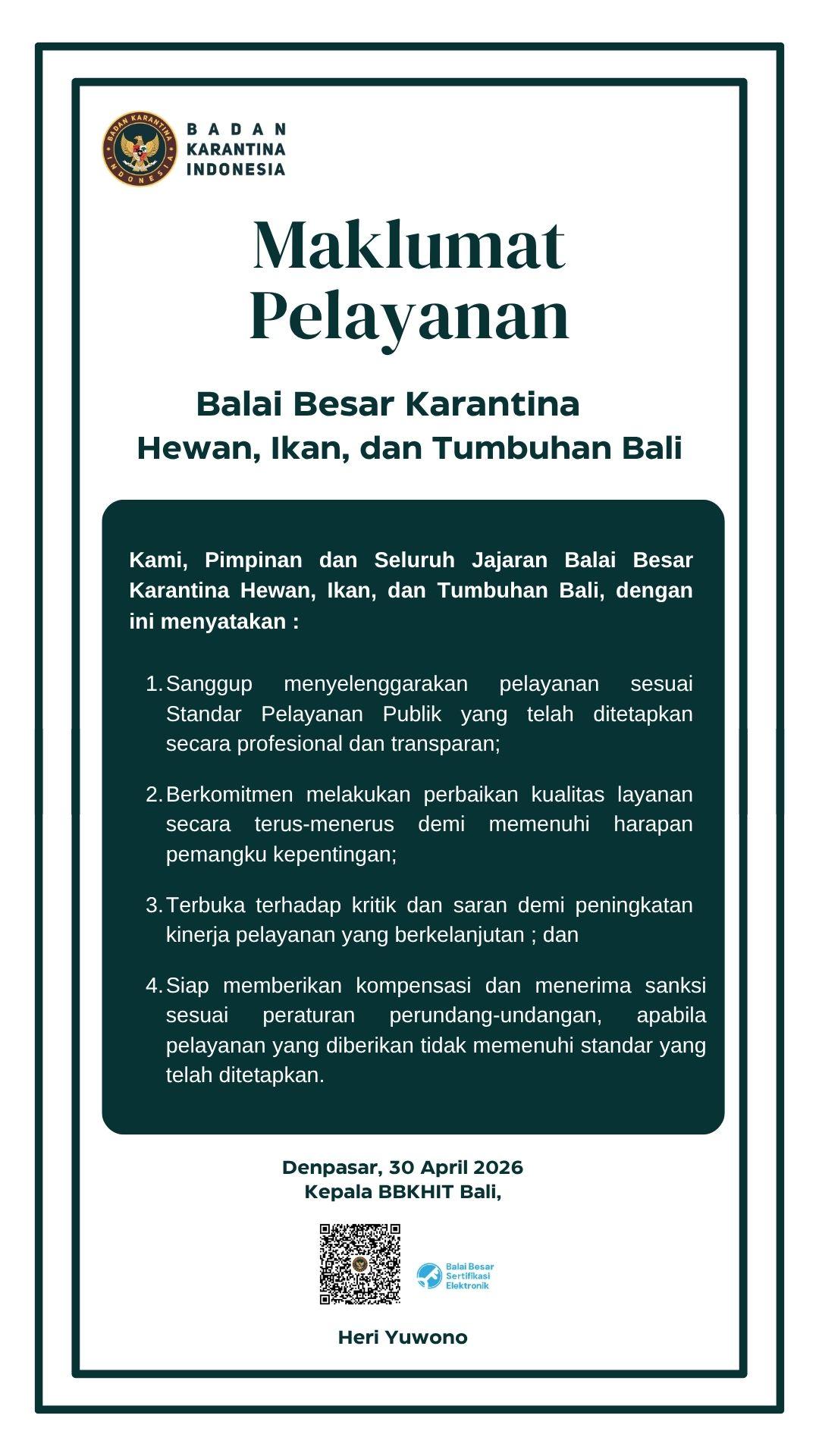 Maklumat Pelayanan BBKHIT Bali